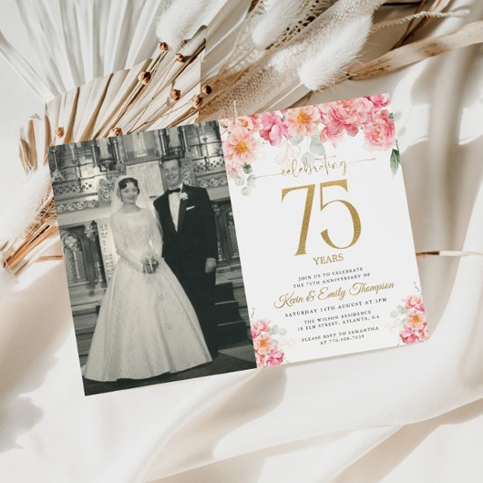 ピンクとゴールドの花柄 75周年記念 招待状