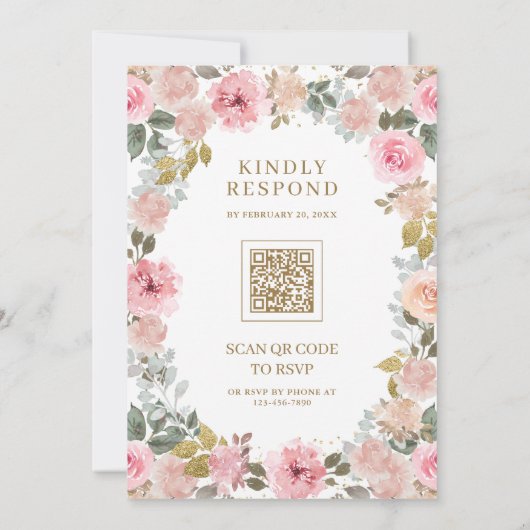 ピンクとゴールドの花柄QRコードウェディング 招待状 (裏面)