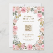 ピンクとゴールドの花柄QRコード ウェディング 招待状 (裏面)