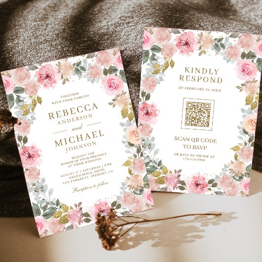ピンクとゴールドの花柄QRコード ウェディング 招待状