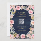 ピンクとゴールドの花柄QRコード ネイビーブルーの結婚式 招待状 (裏面)