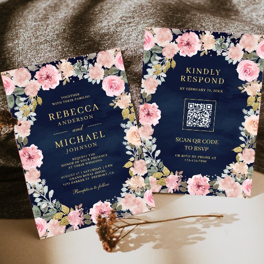 ピンクとゴールドの花柄QRコード ネイビーブルーの結婚式 招待状
