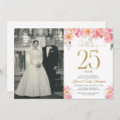 ピンクとゴールドの花模様 25周年記念 招待状 (正面/裏面)
