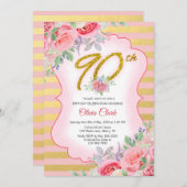 ピンクとゴールドの花模様　90歳の誕生日 招待状 (正面/裏面)