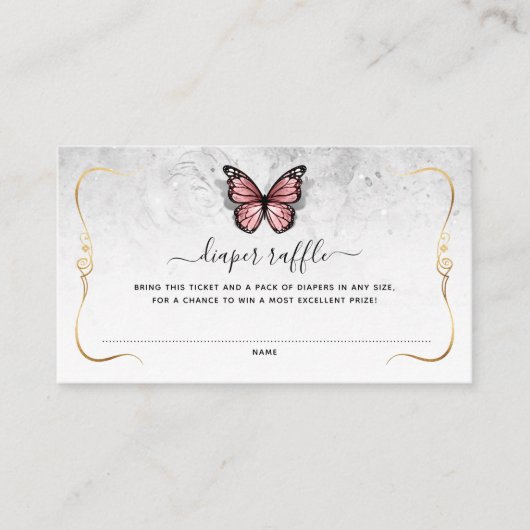 ピンクとゴールドの蝶々のおむつラッフルチケット エンクロージャーカード (正面)