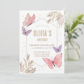 ピンクとゴールドの蝶 かわいい誕生日招待状 招待状 (スタンド正面)
