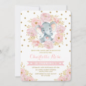 ピンクとゴールドの象の1歳誕生日ジャングルテーマ 招待状 (正面)