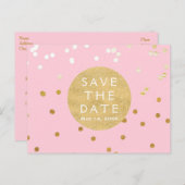ピンクとゴールドの輝くコンフェッティドット Save The Date 案内ポストカード (正面/裏面)