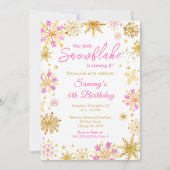 ピンクとゴールドの雪の結晶の誕生日パーティー 招待状 (正面)