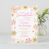 ピンクとゴールドの雪の結晶の誕生日パーティー 招待状 (スタンド正面)