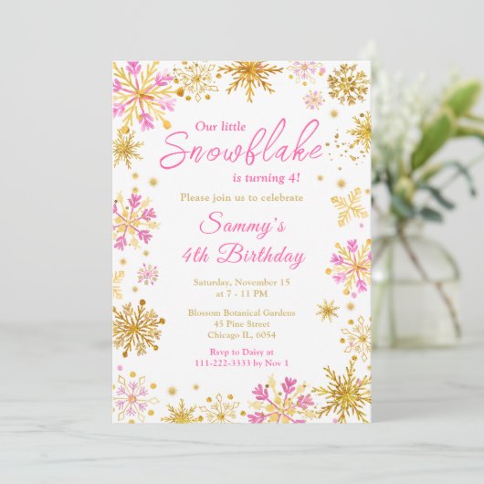 ピンクとゴールドの雪の結晶の誕生日パーティー 招待状 (スタンド正面)