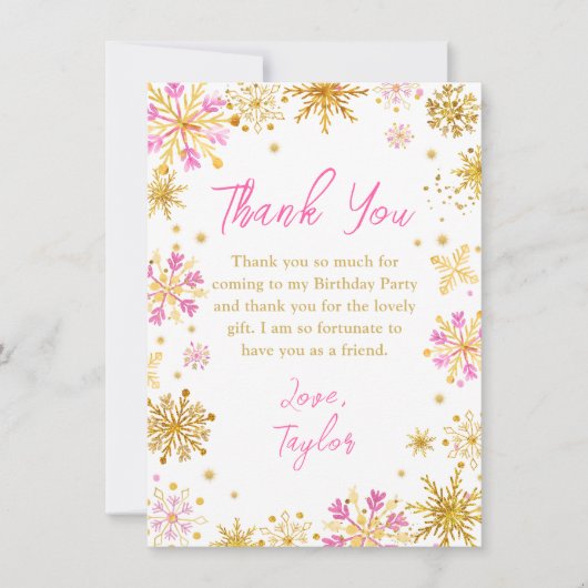 ピンクとゴールドの雪の結晶 ウィンタースタイルの誕生日パーティー サンキューカード (正面)