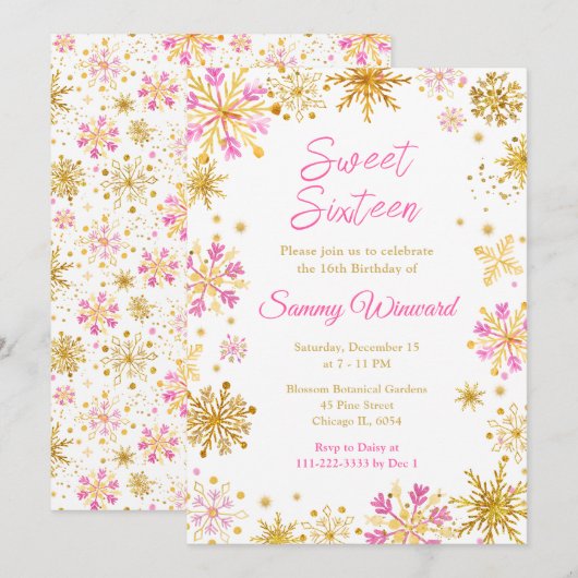 ピンクとゴールドの雪の結晶 冬のスイート16 招待状 (正面/裏面)