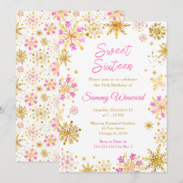 ピンクとゴールドの雪の結晶 冬のスイート16 招待状