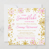 ピンクとゴールドの雪の結晶　冬のベイビーシャワー 招待状 (正面)