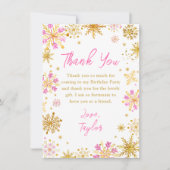ピンクとゴールドの雪の結晶 冬の誕生日パーティー サンキューカード (正面)