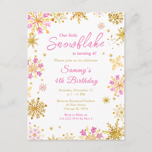 ピンクとゴールドの雪の結晶 誕生日パーティー ポストカード (正面)
