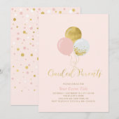 ピンクとゴールドの風船が親をガイド 招待状 (正面/裏面)