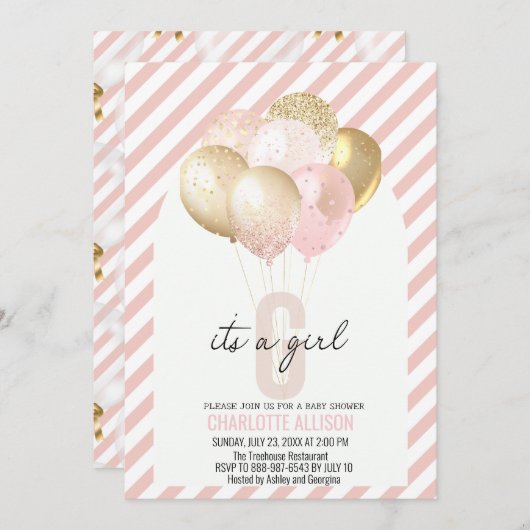 ピンクとゴールドの風船のベビーシャワー 招待状 (正面/裏面)