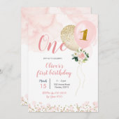 ピンクとゴールドの風船の女の子のお誕生日パーティーの招待状 招待状 (正面/裏面)