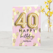 ピンクとゴールドの風船の40歳の誕生日 カード (黄色い花)