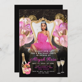 ピンクとゴールドの風船 ロイヤル誕生日招待状 招待状