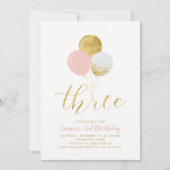 ピンクとゴールドの風船 | 女の子の3歳誕生日パーティー招待状 招待状 (正面)