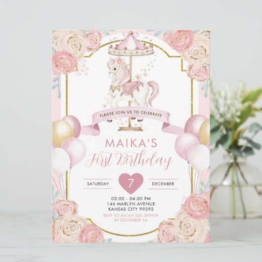 ピンクとゴールドの魔法少女カルーセル誕生日 招待状 (スタンド正面)