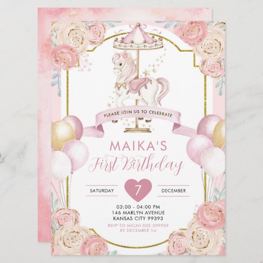 ピンクとゴールドの魔法少女カルーセル誕生日 招待状 (正面/裏面)