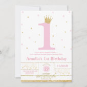 ピンクとゴールドの1歳誕生日プリンセス 招待状 (正面)