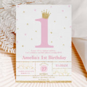 ピンクとゴールドの1歳誕生日プリンセス 招待状
