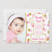 ピンクとゴールドの1歳誕生日感謝カード 招待状 (正面)
