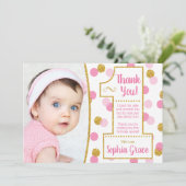 ピンクとゴールドの1歳誕生日感謝カード 招待状 (スタンド正面)
