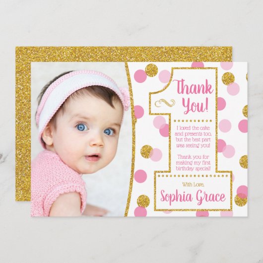 ピンクとゴールドの1歳誕生日感謝カード 招待状 (正面/裏面)