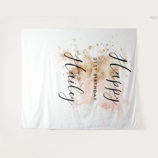 ピンクとゴールドの21歳誕生日写真撮影用背景 タペストリー (正面(横))