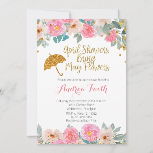 ピンクとゴールドの4月のシャワーが5月の花を咲かせる 招待状 (正面)