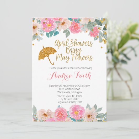 ピンクとゴールドの4月のシャワーが5月の花を咲かせる 招待状 (スタンド正面)