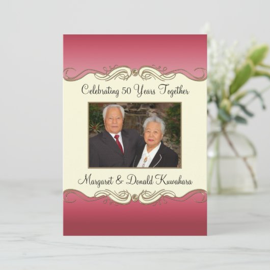 ピンクとゴールドの50周年フォトウェディングアニバーサリー 招待状 (スタンド正面)