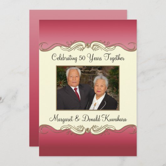 ピンクとゴールドの50周年フォトウェディングアニバーサリー 招待状 (正面/裏面)