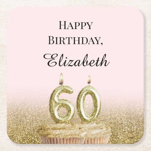 ピンクとゴールドの60歳の誕生日コースター スクエアペーパーコースター (正面)