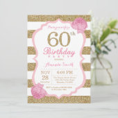 ピンクとゴールドの60歳誕生日招待状 花柄 招待状 (スタンド正面)