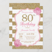 ピンクとゴールドの80歳誕生日招待状 花 招待状 (正面/裏面)