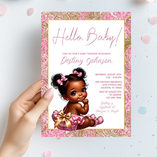 ピンクとゴールドの"Hello Baby"ベビーシャワー 招待状