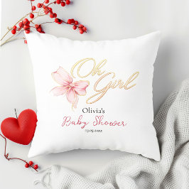 ピンクとゴールドの「Oh Girl」ゴールドタイポグラフィーベビーシャワー クッション