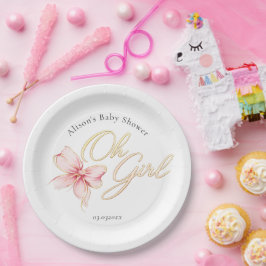 ピンクとゴールドの「Oh Girl」ゴールドタイポグラフィーベビーシャワー ペーパープレート