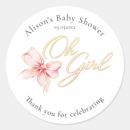 ピンクとゴールドの「Oh Girl」ゴールドタイポグラフィーベビーシャワー ラウンドシール