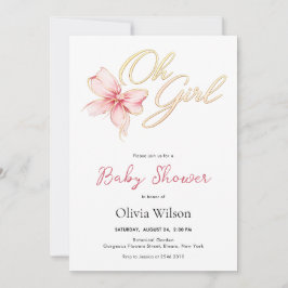 ピンクとゴールドの「Oh Girl」ゴールドタイポグラフィーベビーシャワー 招待状