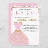 ピンクとゴールドフォイルドレススウィート16誕生日 招待状 (正面/裏面)
