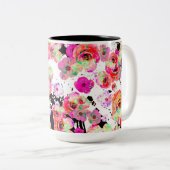 ピンクとサンゴの春フローラオン白黒 ツートーンマグカップ (正面右)