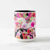 ピンクとサンゴの春フローラオン白黒 ツートーンマグカップ (中央)